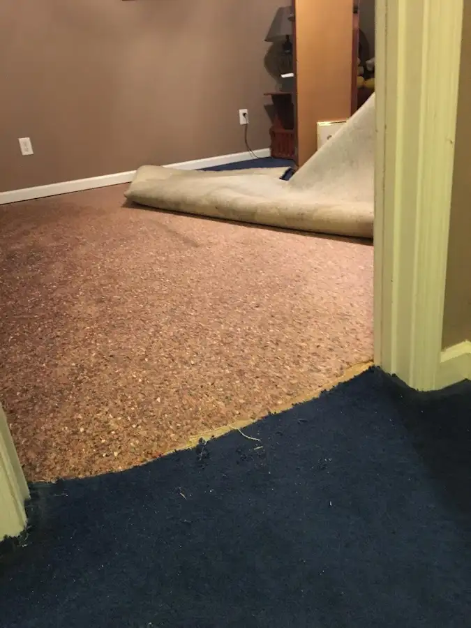 Carpet pad removal revealing water damage during Drying & Dehumidification in East Bakersfield