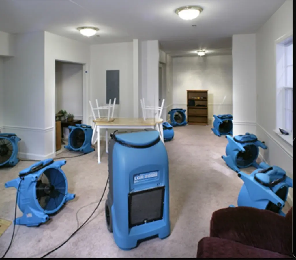 Air movers and dehumidifier setup for Water Damage Restoration in East Bakersfield